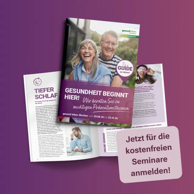 Aufgeschlagenes Aktionsheft „Gesundheit beginnt hier!“ – jetzt für die kostenfreien Seminare anmelden